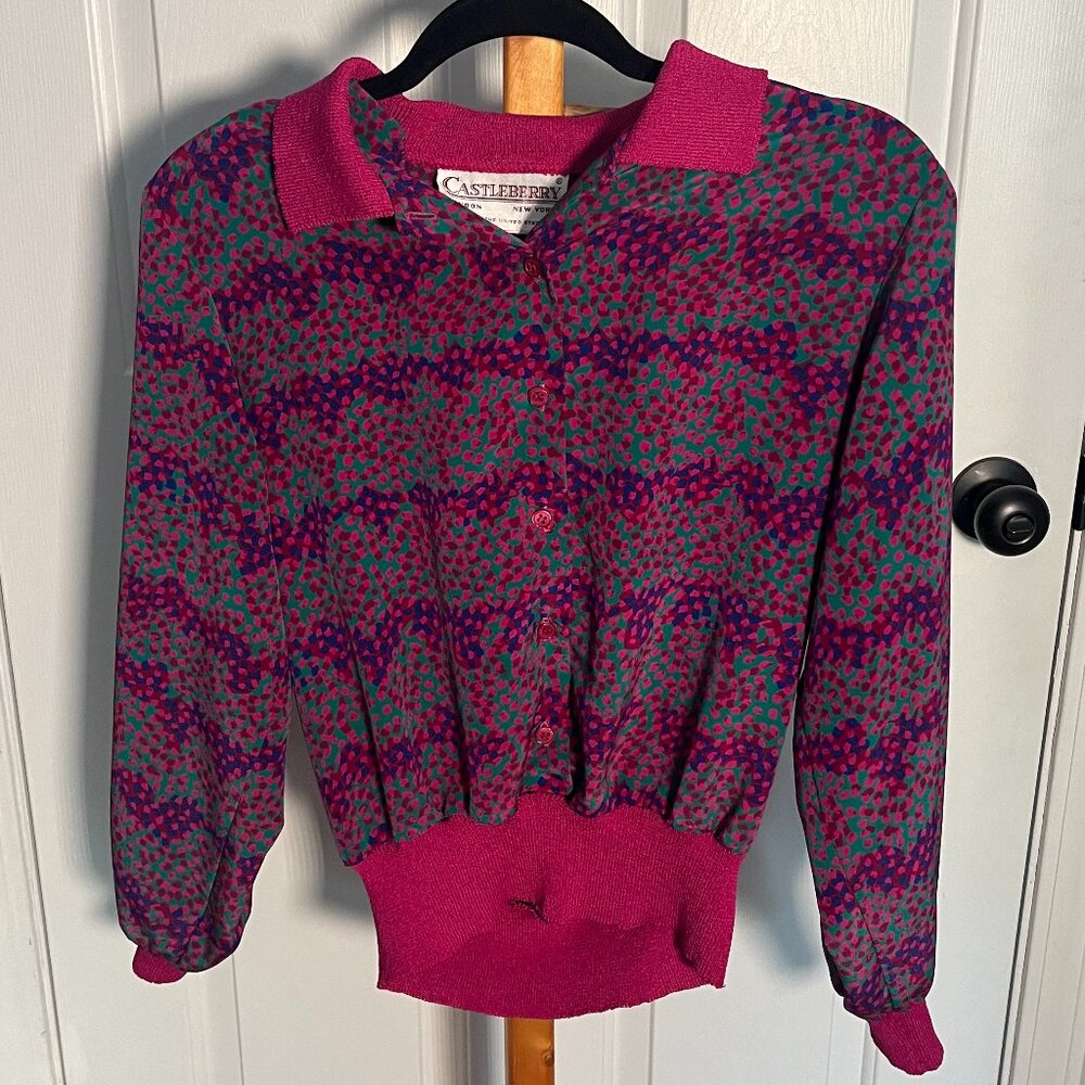 Vintage Castleberry '80s Pullover Speckled Pink Collared Blouse Womens Size 8